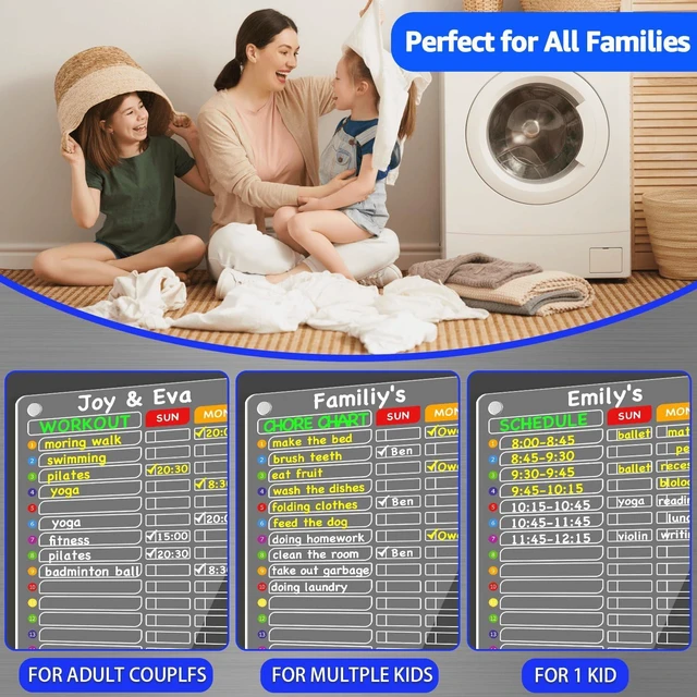 Alt view image 2 of 7 - Acrylic Magnetic Chore Chart for Multiple Kids, Large 16x12 in Clear Dry Erase Fridge Chore Board for Family, Adult, Teens; Vibrant Layout; Embedded Magnets; 12 Wet-Erase Markers and Towel