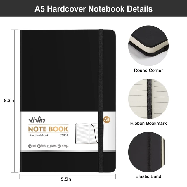 Alt view image 2 of 6 - 12 Pack A5 Hardcover Lined Notebook,192 pg College Ruled 5.5x8.3 Bulk notebooks for work,office & professional use,Waterproof faux leather,lay-flat elastic closure