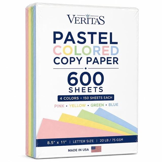 Main image of Colored Copy Paper 8.5 x 11, Letter Size Printer Paper, 600 Sheets (150 Each of Pink, Green, Blue, Yellow), Jam-Free, Bulk Pastel Colored Paper for Arts & Crafts, DIY Projects, Made in USA