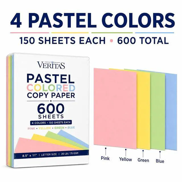 Alt view image 2 of 7 - Colored Copy Paper 8.5 x 11, Letter Size Printer Paper, 600 Sheets (150 Each of Pink, Green, Blue, Yellow), Jam-Free, Bulk Pastel Colored Paper for Arts & Crafts, DIY Projects, Made in USA