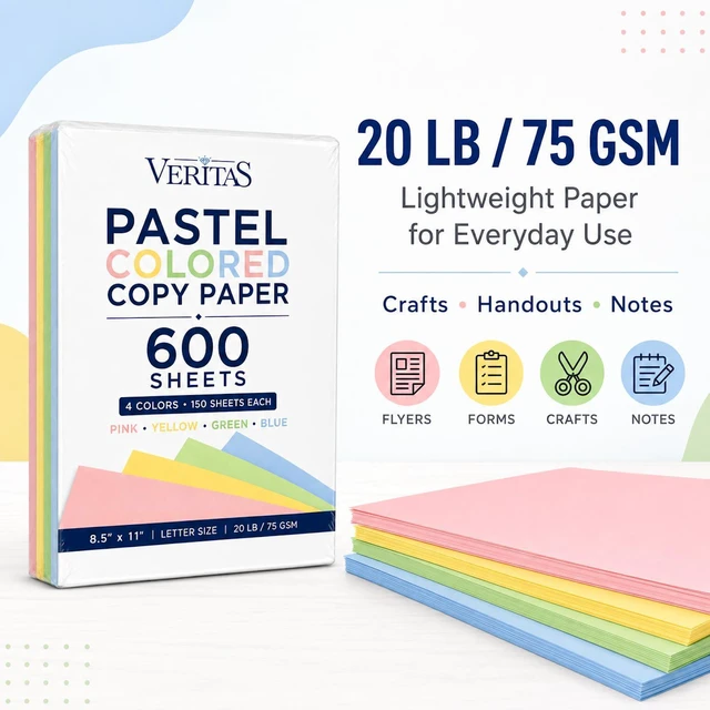 Alt view image 4 of 7 - Colored Copy Paper 8.5 x 11, Letter Size Printer Paper, 600 Sheets (150 Each of Pink, Green, Blue, Yellow), Jam-Free, Bulk Pastel Colored Paper for Arts & Crafts, DIY Projects, Made in USA