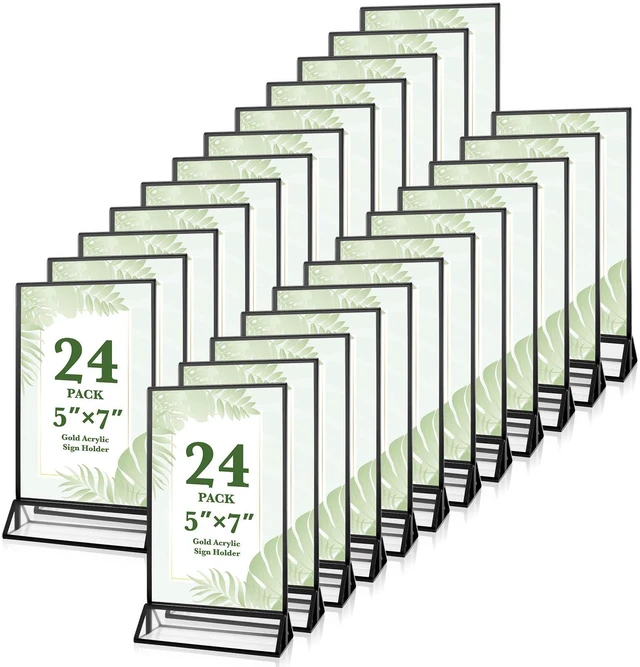 Main image of 24 Pack 5x7 Inch Acrylic Sign Holders, Double Sided Picture Frame Black Clear Picture Frame Stands, Menu Flyer Holder for Wedding Table Numbers, Restaurant Signs, Party and Office Photos
