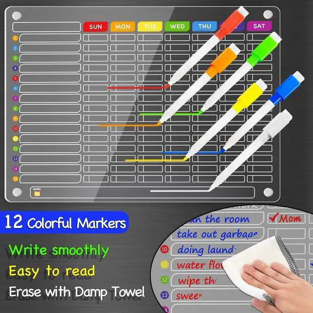 Alt view image 3 of 7 - Acrylic Magnetic Chore Chart for Multiple Kids, Large 16x12 in Clear Dry Erase Fridge Chore Board for Family, Adult, Teens; Vibrant Layout; Embedded Magnets; 12 Wet-Erase Markers and Towel