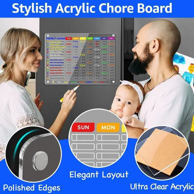 Alt view image 5 of 7 - Acrylic Magnetic Chore Chart for Multiple Kids, Large 16x12 in Clear Dry Erase Fridge Chore Board for Family, Adult, Teens; Vibrant Layout; Embedded Magnets; 12 Wet-Erase Markers and Towel