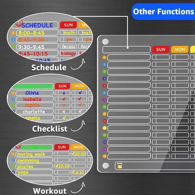 Alt view image 7 of 7 - Acrylic Magnetic Chore Chart for Multiple Kids, Large 16x12 in Clear Dry Erase Fridge Chore Board for Family, Adult, Teens; Vibrant Layout; Embedded Magnets; 12 Wet-Erase Markers and Towel