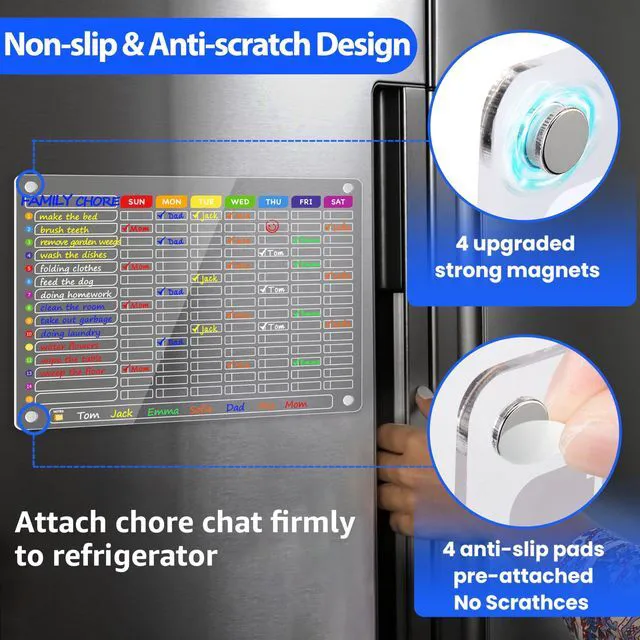 Alt view image 6 of 7 - Acrylic Magnetic Chore Chart for Multiple Kids, Large 16x12 in Clear Dry Erase Fridge Chore Board for Family, Adult, Teens; Vibrant Layout; Embedded Magnets; 12 Wet-Erase Markers and Towel