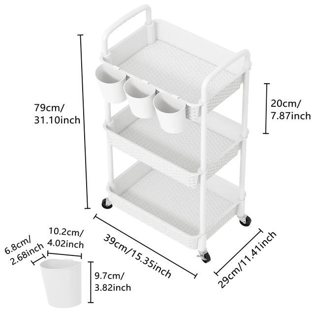 Alt view image 2 of 7 - 3-Tier Plastic Rolling Utility Cart with Handle,White Utility Storage Cart for Office, Living Room, Kitchen,Movable Storage OrganizerEasy installationRattan-like art design