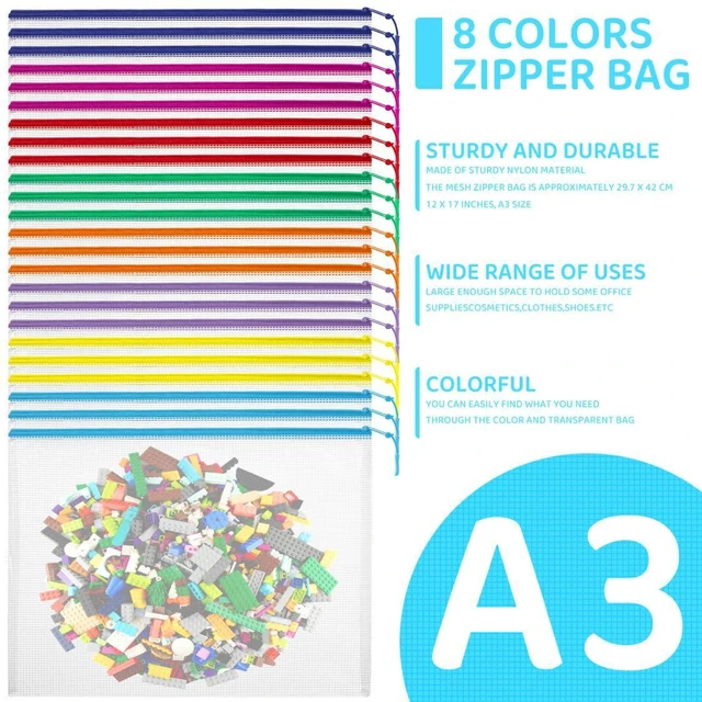 Alt view image 7 of 7 - 24pcs Mesh Zipper Pouch Bags, Large A3 17x12 Inches Reusable Zipper Bags Puzzle Storage 8 Colors Multipurpose for Board Games Travel Office Supplies and Home Organization