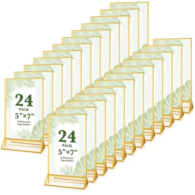 Main image of 24 Pack 5x7 Gold Acrylic Sign Holders, Double Sided Picture Frame Stands Clear Table Menu Holder Display Stand for Wedding Table Numbers, Restaurant Signs, Party, Office Photos
