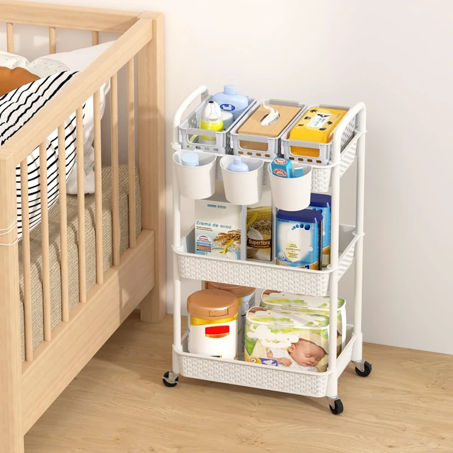 Alt view image 3 of 7 - 3-Tier Plastic Rolling Utility Cart with Handle,White Utility Storage Cart for Office, Living Room, Kitchen,Movable Storage OrganizerEasy installationRattan-like art design