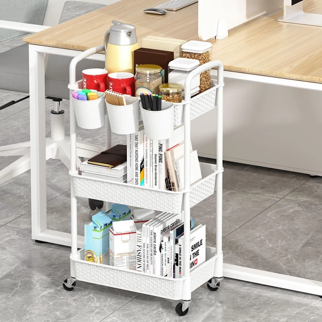 Alt view image 4 of 7 - 3-Tier Plastic Rolling Utility Cart with Handle,White Utility Storage Cart for Office, Living Room, Kitchen,Movable Storage OrganizerEasy installationRattan-like art design