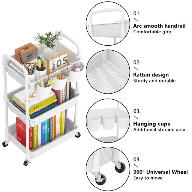 Alt view image 5 of 7 - 3-Tier Plastic Rolling Utility Cart with Handle,White Utility Storage Cart for Office, Living Room, Kitchen,Movable Storage OrganizerEasy installationRattan-like art design
