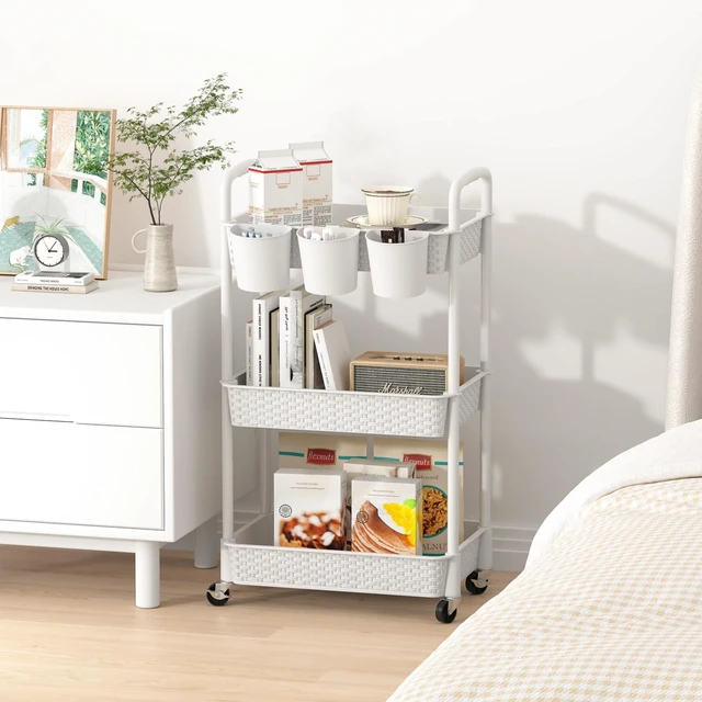 Alt view image 6 of 7 - 3-Tier Plastic Rolling Utility Cart with Handle,White Utility Storage Cart for Office, Living Room, Kitchen,Movable Storage OrganizerEasy installationRattan-like art design