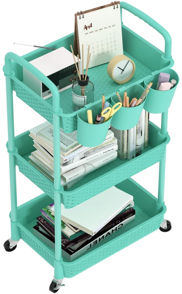 Main image of 3-Tier Plastic Rolling Utility Cart with Handle,Turquoise Utility Storage Cart for Office, Living Room, Kitchen,Movable Storage OrganizerEasy installationRattan-like art design
