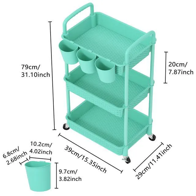 Alt view image 2 of 7 - 3-Tier Plastic Rolling Utility Cart with Handle,Turquoise Utility Storage Cart for Office, Living Room, Kitchen,Movable Storage OrganizerEasy installationRattan-like art design
