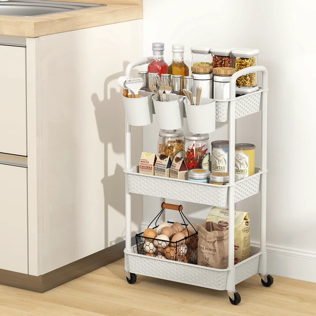 Alt view image 7 of 7 - 3-Tier Plastic Rolling Utility Cart with Handle,White Utility Storage Cart for Office, Living Room, Kitchen,Movable Storage OrganizerEasy installationRattan-like art design