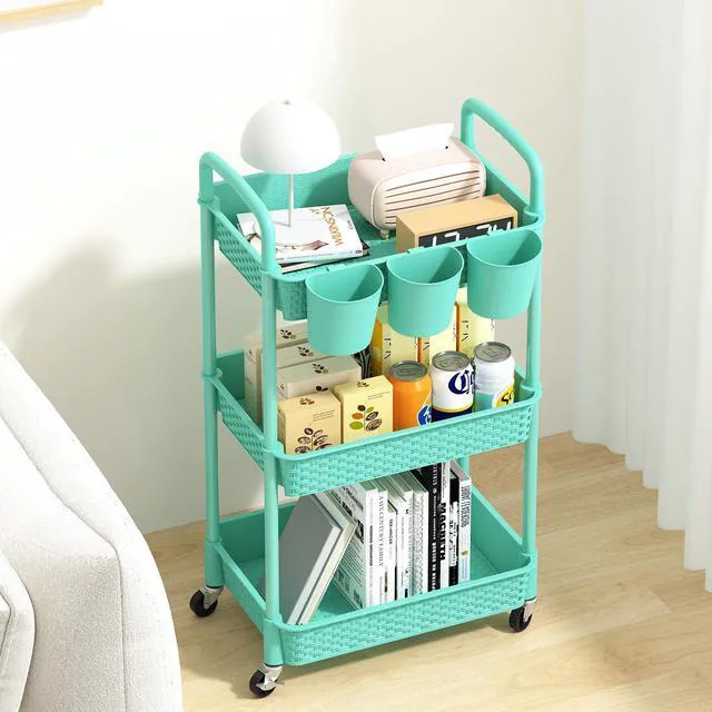 Alt view image 3 of 7 - 3-Tier Plastic Rolling Utility Cart with Handle,Turquoise Utility Storage Cart for Office, Living Room, Kitchen,Movable Storage OrganizerEasy installationRattan-like art design