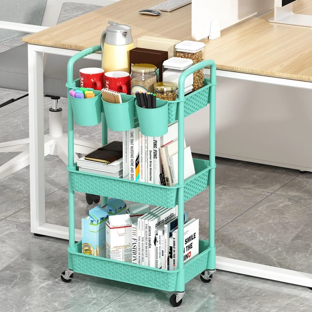 Alt view image 4 of 7 - 3-Tier Plastic Rolling Utility Cart with Handle,Turquoise Utility Storage Cart for Office, Living Room, Kitchen,Movable Storage OrganizerEasy installationRattan-like art design