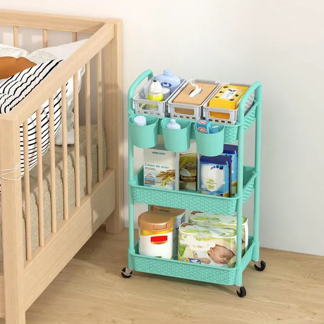 Alt view image 5 of 7 - 3-Tier Plastic Rolling Utility Cart with Handle,Turquoise Utility Storage Cart for Office, Living Room, Kitchen,Movable Storage OrganizerEasy installationRattan-like art design