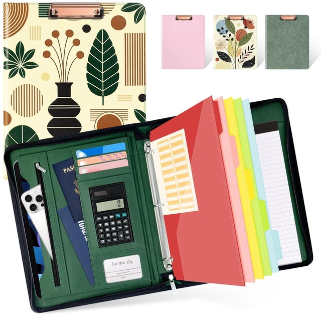 Main image of Vintage Leather 3 Ring Portfolio Binder, Zippered Clipboard Folder with Storage - 5 Dividers with Pocket, Padfolio for Women,12.1 Tablet Sleeve, Refillable Notepad, Card Slot