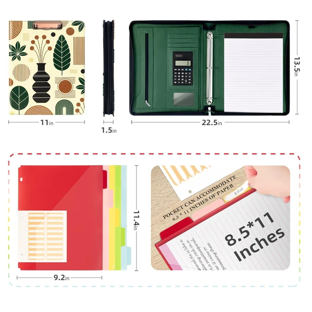 Alt view image 2 of 6 - Vintage Leather 3 Ring Portfolio Binder, Zippered Clipboard Folder with Storage - 5 Dividers with Pocket, Padfolio for Women,12.1 Tablet Sleeve, Refillable Notepad, Card Slot