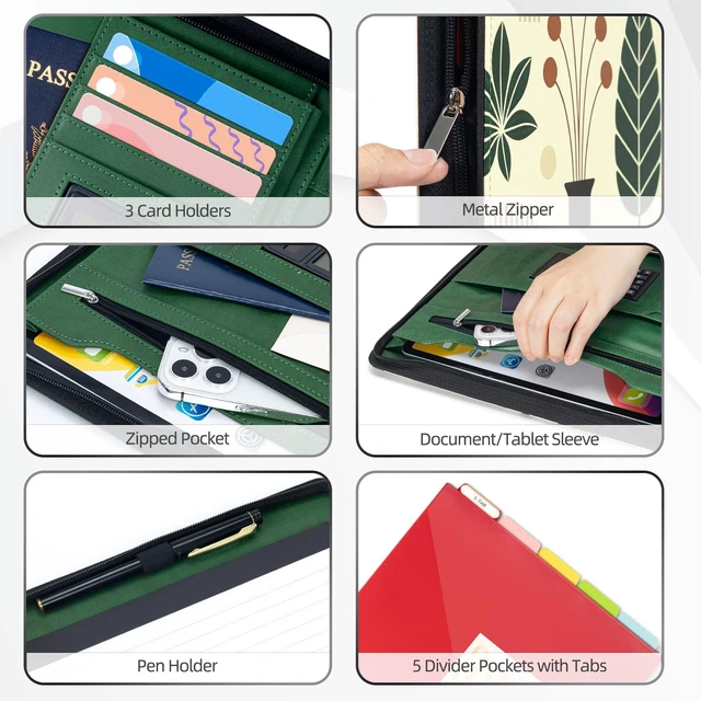Alt view image 4 of 6 - Vintage Leather 3 Ring Portfolio Binder, Zippered Clipboard Folder with Storage - 5 Dividers with Pocket, Padfolio for Women,12.1 Tablet Sleeve, Refillable Notepad, Card Slot