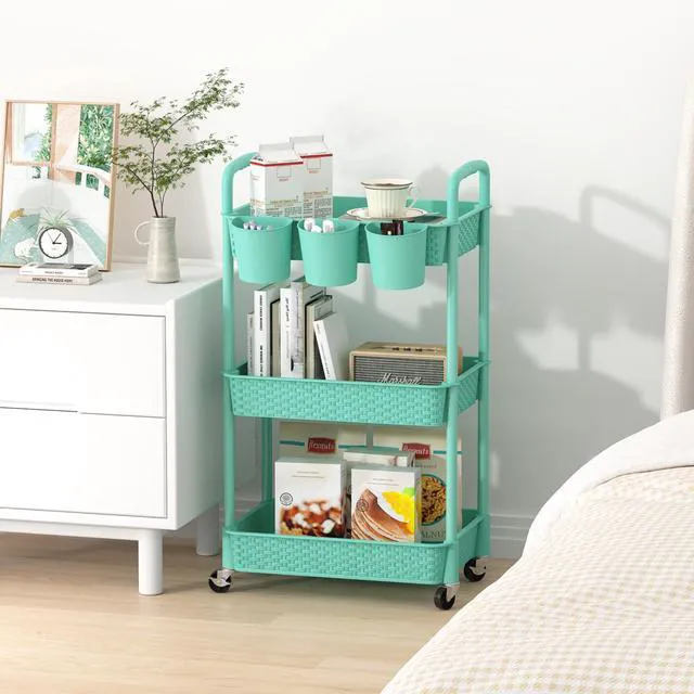 Alt view image 6 of 7 - 3-Tier Plastic Rolling Utility Cart with Handle,Turquoise Utility Storage Cart for Office, Living Room, Kitchen,Movable Storage OrganizerEasy installationRattan-like art design