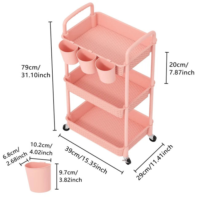 Alt view image 2 of 7 - 3-Tier Plastic Rolling Utility Cart with Handle,Pink Utility Storage Cart for Office, Living Room, Kitchen,Movable Storage OrganizerEasy installationRattan-like art design