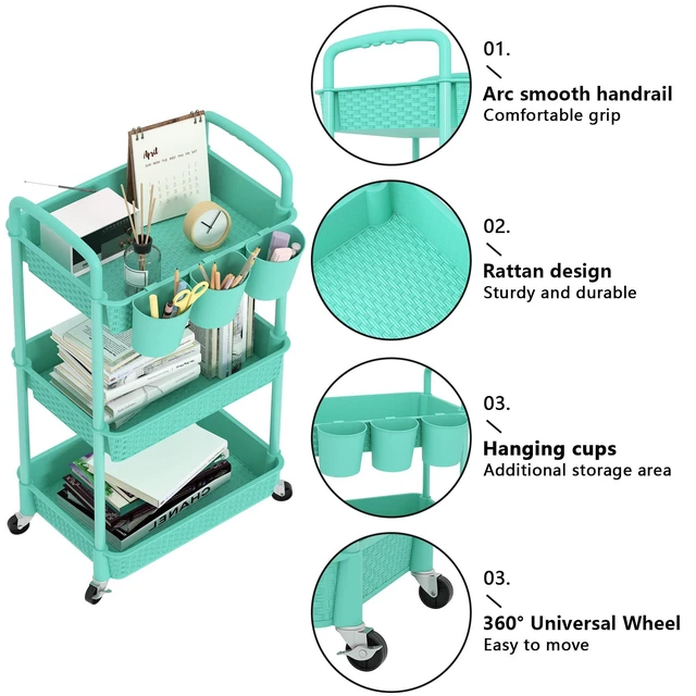 Alt view image 7 of 7 - 3-Tier Plastic Rolling Utility Cart with Handle,Turquoise Utility Storage Cart for Office, Living Room, Kitchen,Movable Storage OrganizerEasy installationRattan-like art design