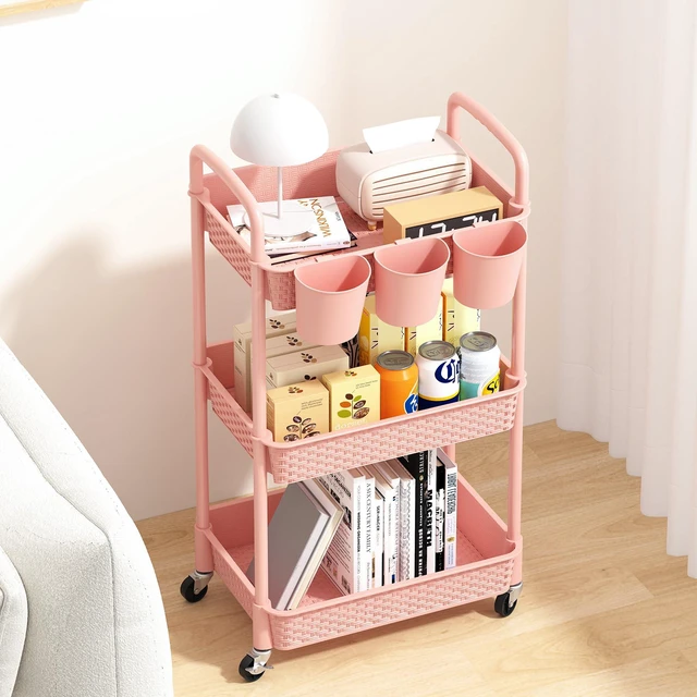 Alt view image 3 of 7 - 3-Tier Plastic Rolling Utility Cart with Handle,Pink Utility Storage Cart for Office, Living Room, Kitchen,Movable Storage OrganizerEasy installationRattan-like art design