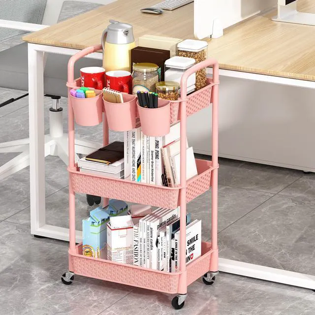 Alt view image 4 of 7 - 3-Tier Plastic Rolling Utility Cart with Handle,Pink Utility Storage Cart for Office, Living Room, Kitchen,Movable Storage OrganizerEasy installationRattan-like art design