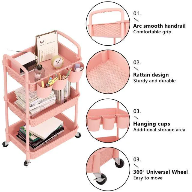 Alt view image 6 of 7 - 3-Tier Plastic Rolling Utility Cart with Handle,Pink Utility Storage Cart for Office, Living Room, Kitchen,Movable Storage OrganizerEasy installationRattan-like art design