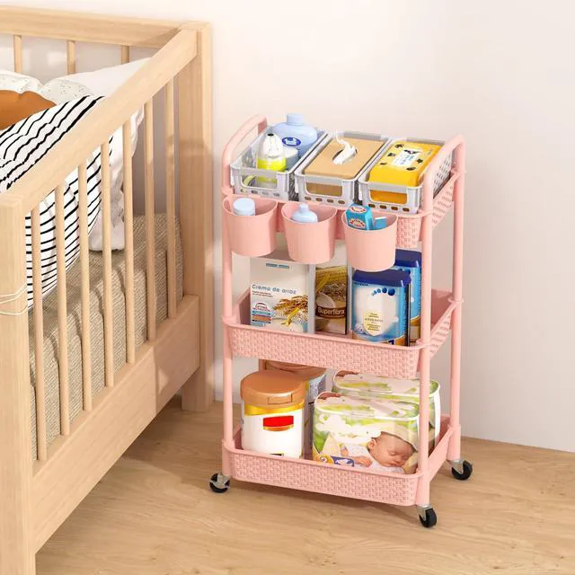Alt view image 5 of 7 - 3-Tier Plastic Rolling Utility Cart with Handle,Pink Utility Storage Cart for Office, Living Room, Kitchen,Movable Storage OrganizerEasy installationRattan-like art design