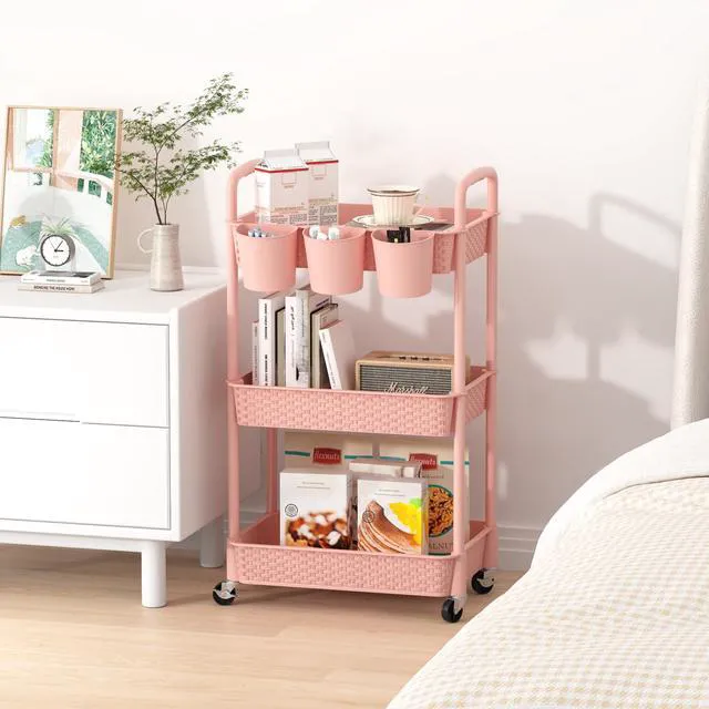 Alt view image 7 of 7 - 3-Tier Plastic Rolling Utility Cart with Handle,Pink Utility Storage Cart for Office, Living Room, Kitchen,Movable Storage OrganizerEasy installationRattan-like art design