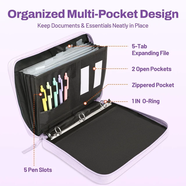 Alt view image 3 of 7 - Zipper Binder 1 Inch, Removable 3-ring binder, 175-Sheet Capacity, 5-Tab Dividers Expanding File Folder, Small Binder Bag Organizer Storage for Student School Classroom Supplies, Lavender Purple