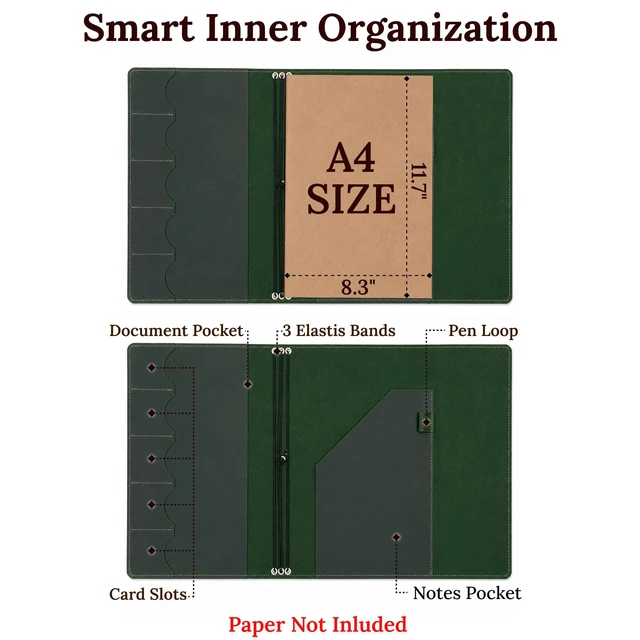Alt view image 2 of 7 - Leather A4 Notebook Cover Refillable Journal Cover with Elastic Bands, Handmade Leather Portfolio with Pockets & Pen Holder, Fits 8.27" x 11.7" Paper (Paper Not Included), Green