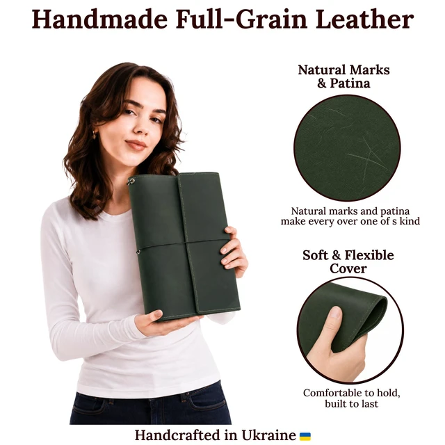 Alt view image 3 of 7 - Leather A4 Notebook Cover Refillable Journal Cover with Elastic Bands, Handmade Leather Portfolio with Pockets & Pen Holder, Fits 8.27" x 11.7" Paper (Paper Not Included), Green