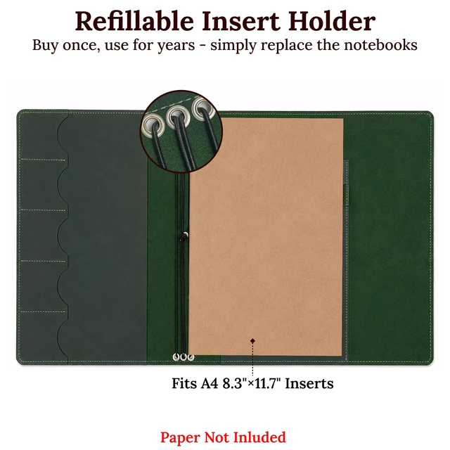 Alt view image 4 of 7 - Leather A4 Notebook Cover Refillable Journal Cover with Elastic Bands, Handmade Leather Portfolio with Pockets & Pen Holder, Fits 8.27" x 11.7" Paper (Paper Not Included), Green