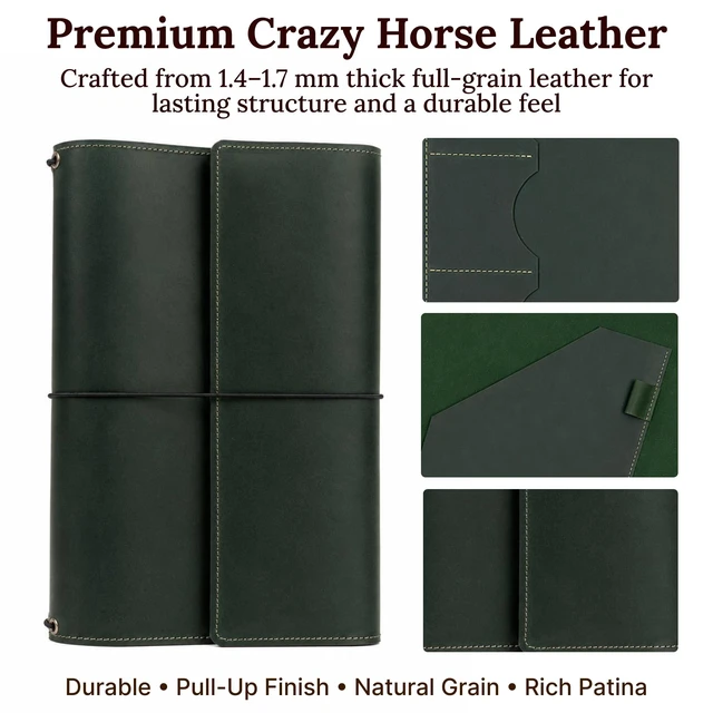 Alt view image 6 of 7 - Leather A4 Notebook Cover Refillable Journal Cover with Elastic Bands, Handmade Leather Portfolio with Pockets & Pen Holder, Fits 8.27" x 11.7" Paper (Paper Not Included), Green