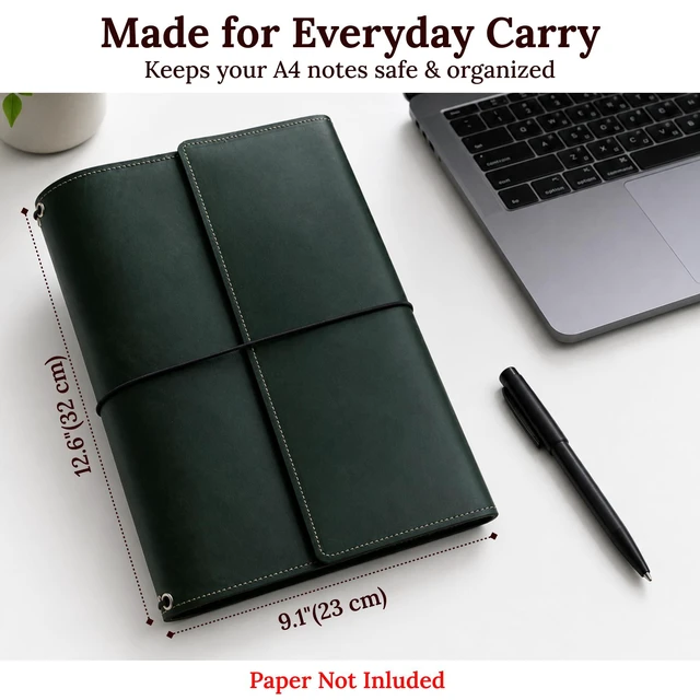 Alt view image 5 of 7 - Leather A4 Notebook Cover Refillable Journal Cover with Elastic Bands, Handmade Leather Portfolio with Pockets & Pen Holder, Fits 8.27" x 11.7" Paper (Paper Not Included), Green