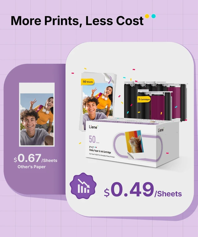 Alt view image 3 of 7 - Pearl N200 Pro Portable Photo Printer Photo Paper 50 Sheets & 5 Cartridges, Picture Printer Sticker Paper Adhesive, Waterproof, Smudge Proof, Photo Paper Only for DMP130 for Scrapbook