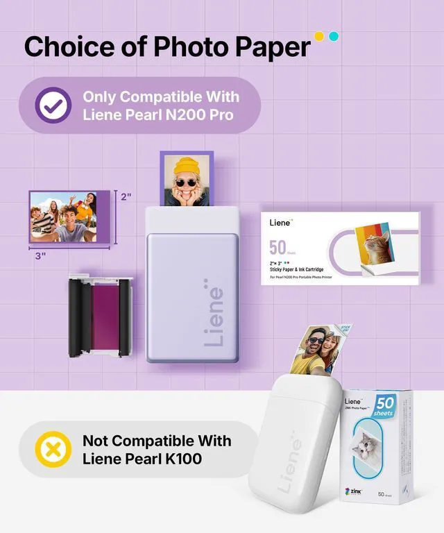 Alt view image 2 of 7 - Pearl N200 Pro Portable Photo Printer Photo Paper 50 Sheets & 5 Cartridges, Picture Printer Sticker Paper Adhesive, Waterproof, Smudge Proof, Photo Paper Only for DMP130 for Scrapbook