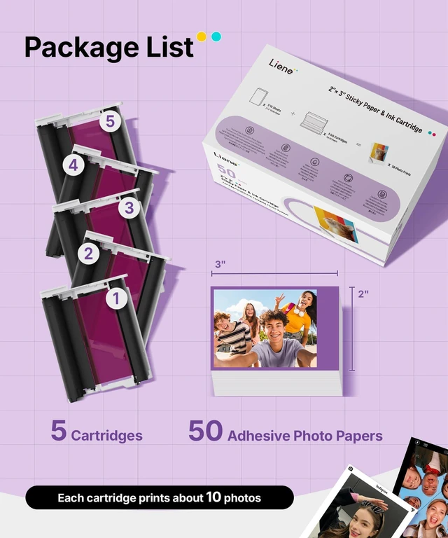 Alt view image 4 of 7 - Pearl N200 Pro Portable Photo Printer Photo Paper 50 Sheets & 5 Cartridges, Picture Printer Sticker Paper Adhesive, Waterproof, Smudge Proof, Photo Paper Only for DMP130 for Scrapbook