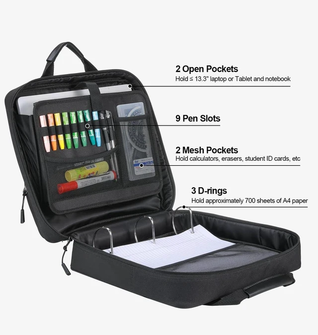 Alt view image 2 of 7 - Zipper Binder 3 Inch 3 Ring with Shoulder Strap Multi-Pocket,Tough Binder Bag with Laptop organizer for School Travel,Fit 13" MacBook & Tablet,700 Sheets Capacity,Water Resistant,Black