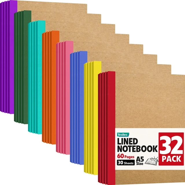 Main image of 32 Pack A5 Kraft Notebooks Bulk, 8.3'' x 5.5'' Lined Journal Notebook with Color Strip, Composition Notebooks Journaling Notebooks for School Office Students Artists, 8 Colors 60 Pages