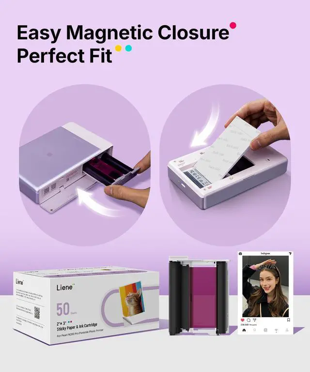 Alt view image 7 of 7 - Pearl N200 Pro Portable Photo Printer Photo Paper 50 Sheets & 5 Cartridges, Picture Printer Sticker Paper Adhesive, Waterproof, Smudge Proof, Photo Paper Only for DMP130 for Scrapbook