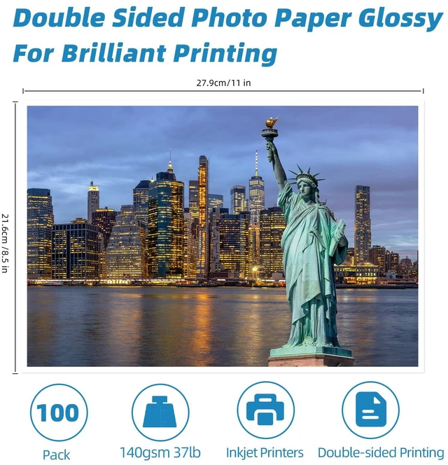 Alt view image 3 of 6 - Double-Sided Glossy Photo Paper, 8.5 x 11, 100 Sheets, 140gsm For dye ink inkjet printers; not for laser or pigment ink. Fast-dry for brochures, menus, chip bags, crafts, and flyers