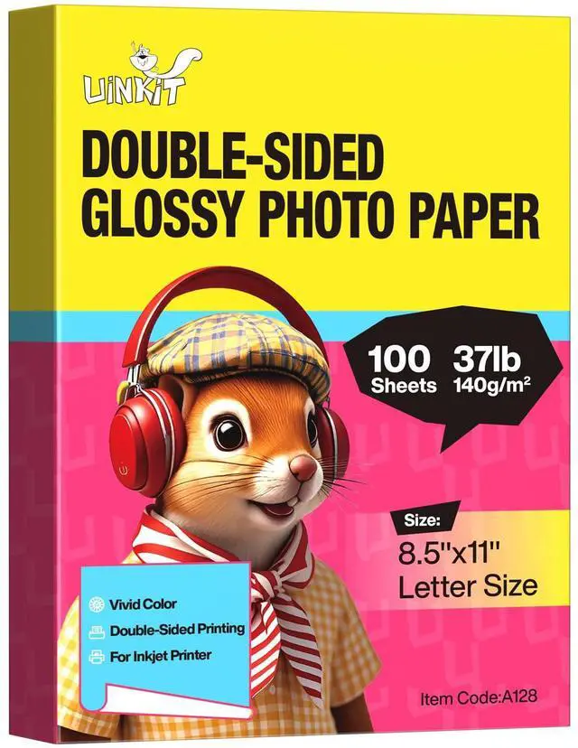 Main image of Double-Sided Glossy Photo Paper, 8.5 x 11, 100 Sheets, 140gsm For dye ink inkjet printers; not for laser or pigment ink. Fast-dry for brochures, menus, chip bags, crafts, and flyers