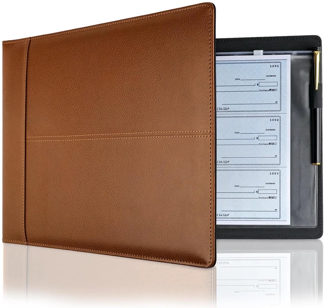 Main image of Professional 7 Ring Checkbook Binder for Business Checks, Check Book Cover Brown Premium PU Leather Organizer for 3-On-A-Page Checks, Fits 9x13 Inch Sheet, 600 Check Capacity, with Zipper Pouch