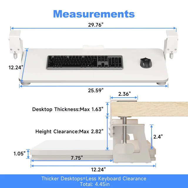 Alt view image 2 of 7 - Keyboard Tray Under Desk Large C-Clamp 25.6" x 11.8" Board 30 Width Including Clamps Slide-Out Platform Computer Drawer Pull Out Keyboard & Mouse Tray White DSF4W